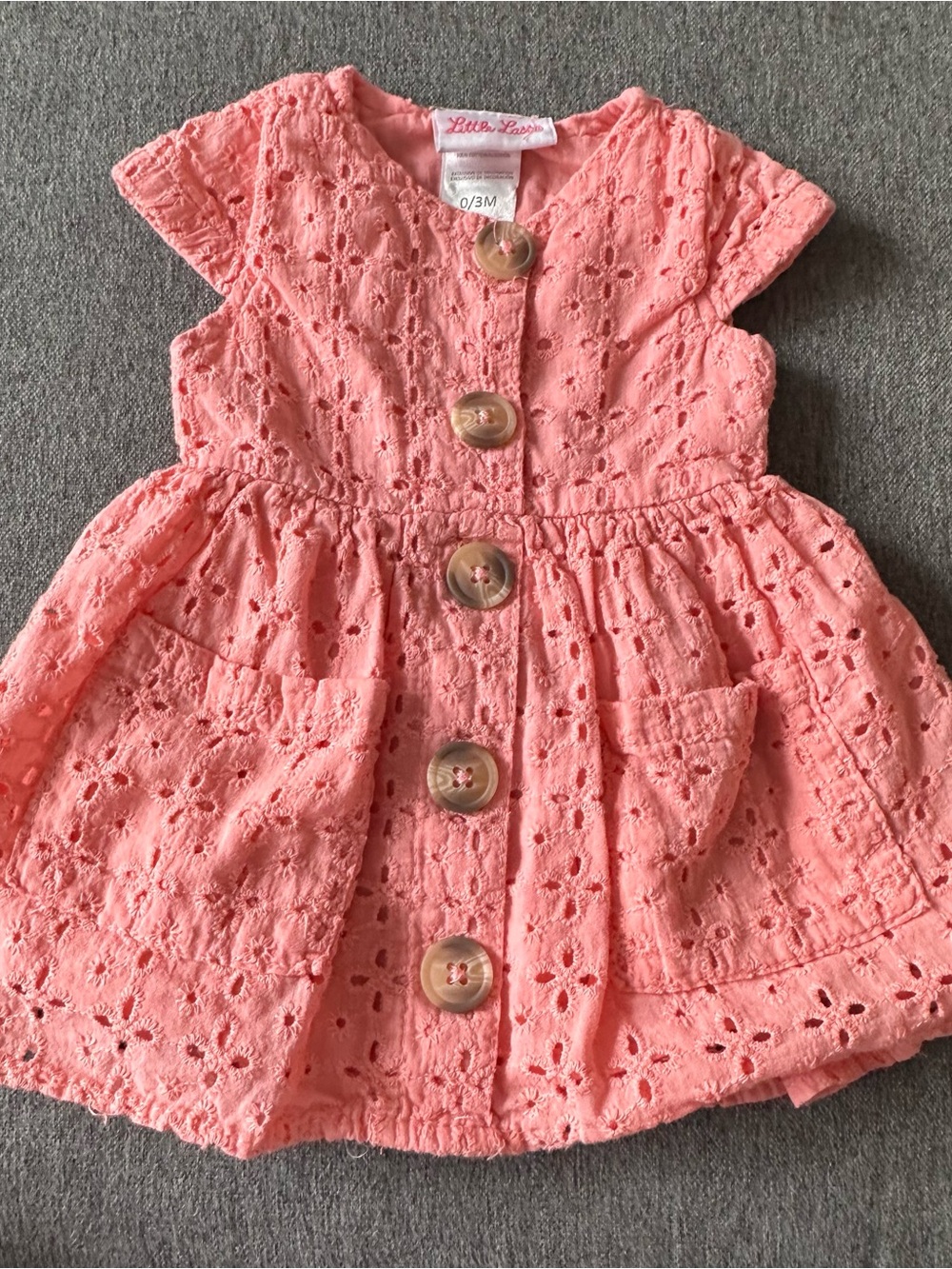 Little Lass Coral Eyelet Dress with Wooden Buttons